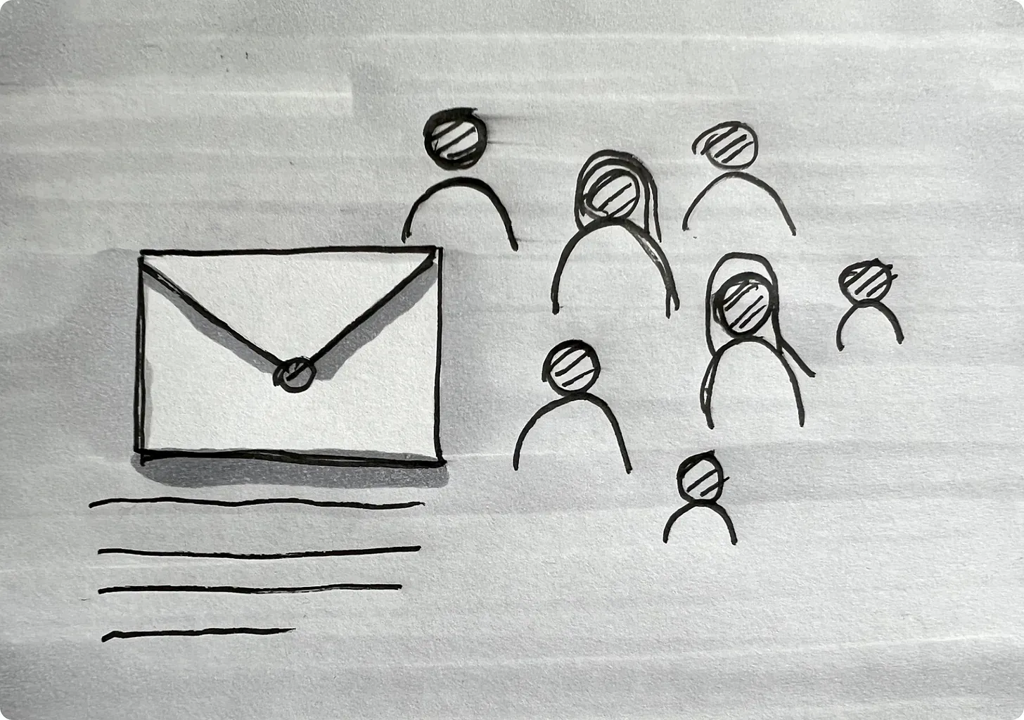 Ink sketch of a letter and a group of people