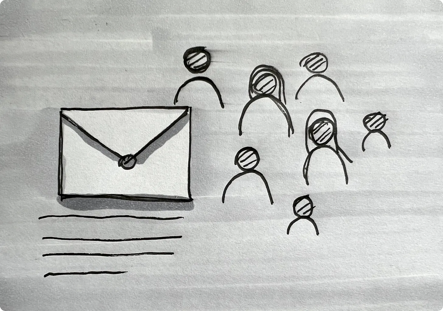 Ink sketch of a letter and a group of people