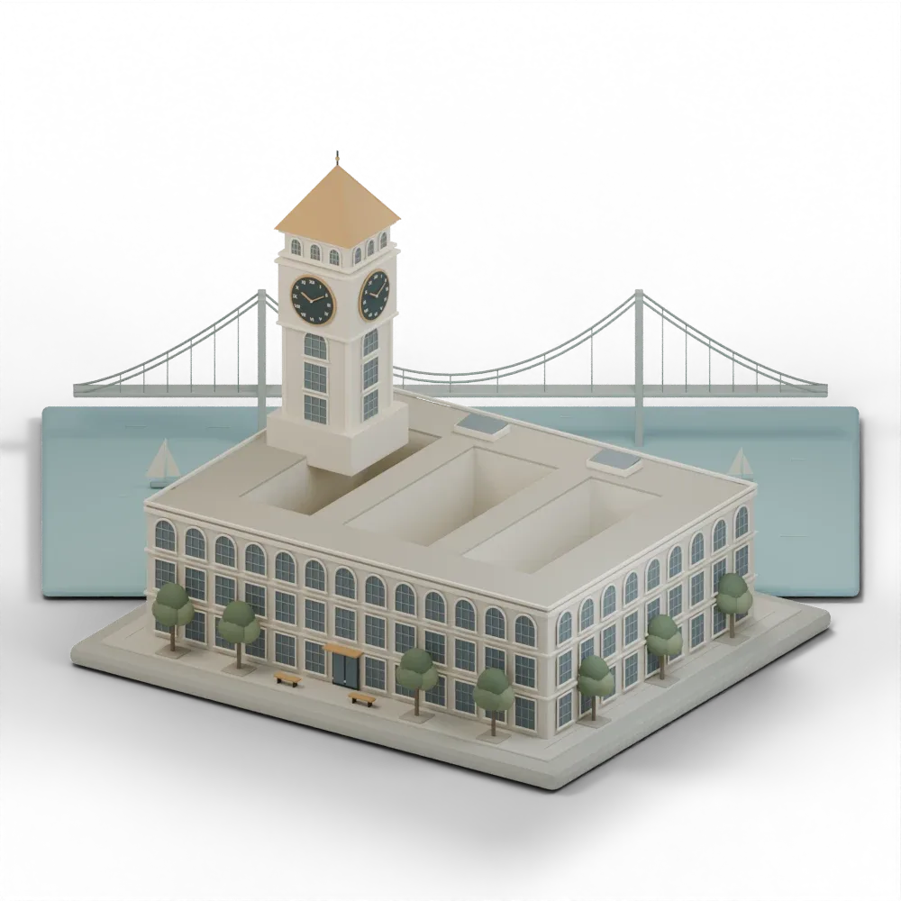 Clay miniature of the Clocktower in San Francisco, with pale blue bay water, sailboats and a suspension bridge behind it.