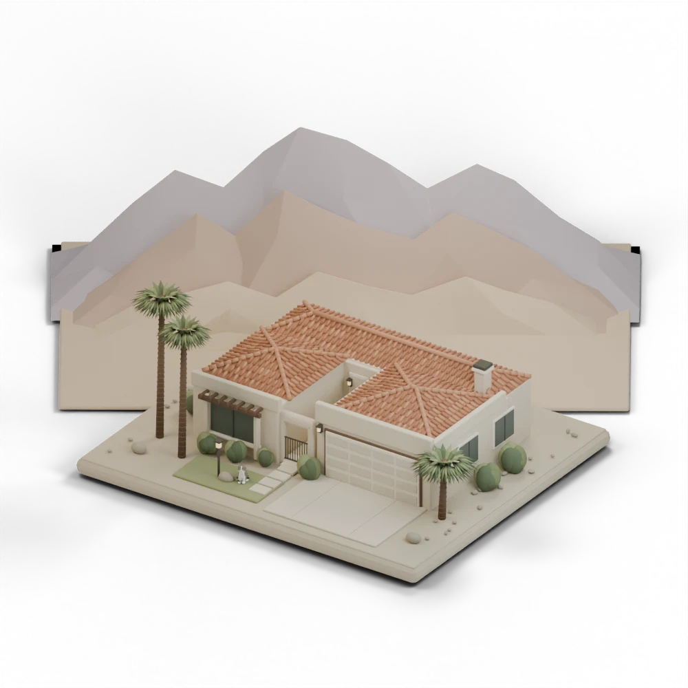Clay miniature of our Palm Springs home, with layered desert mountains behind it and Kai the tabby cat by the front path.